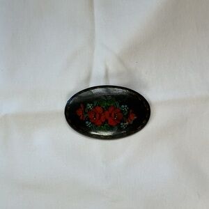 Russian Hand-Painted Floral Oval Brooch - Black with Red Flowers